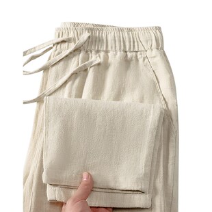 2025年春季新款棉麻休闲裤男士亚麻裤子宽松直筒春秋季卡其色长裤