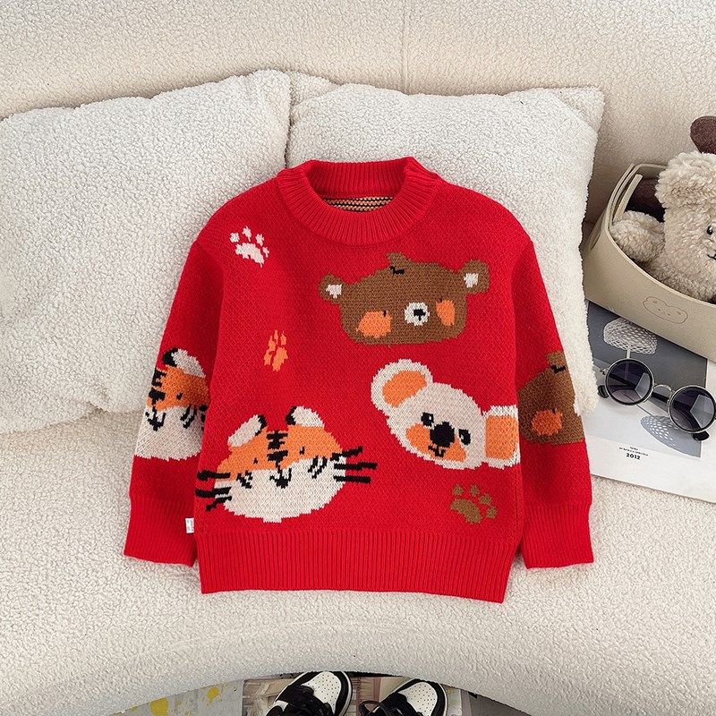 男童毛衣2024新款冬季儿童羊绒衫红色宝宝加厚针织衫内搭男孩上衣