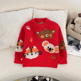 男童毛衣2024新款冬季儿童羊绒衫红色宝宝加厚针织衫内搭男孩上衣