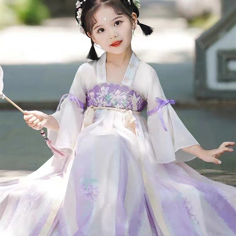 宋制女童古典舞连衣裙仙襦裙小女孩紫色渐变汉服古风飘带纱袖演出
