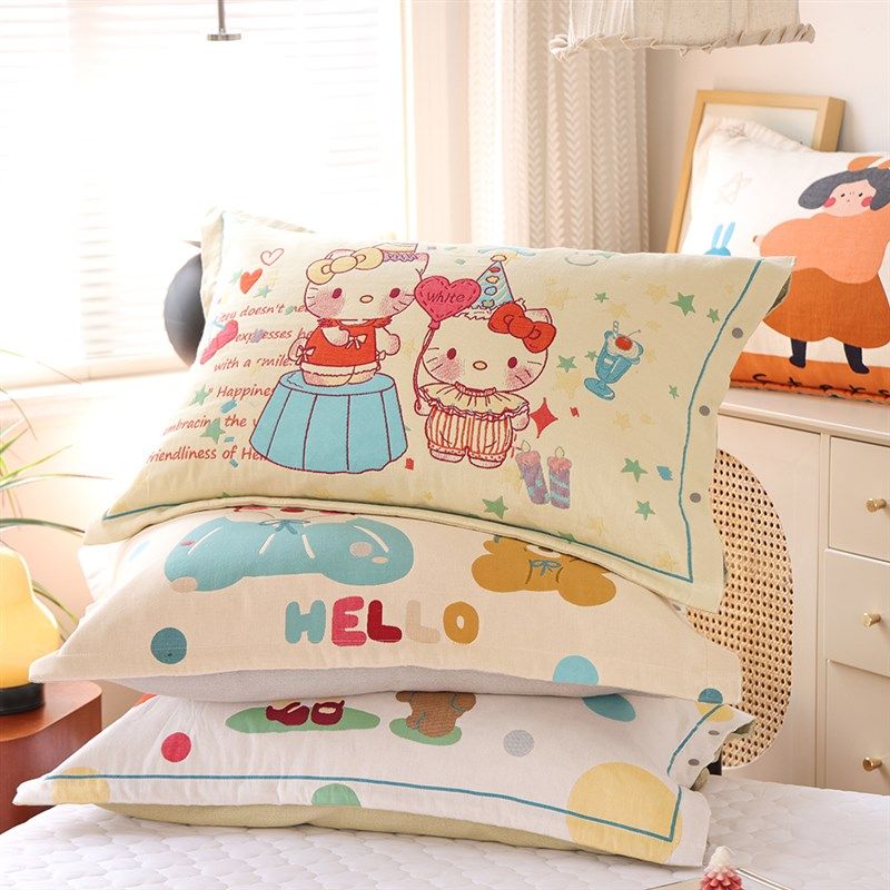 按扣纯棉纱布枕套一对p装四季通用全包加厚成人家用全棉枕头内胆