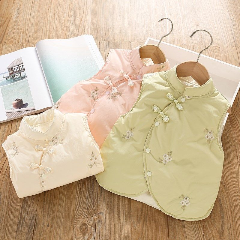 新中式女童轻薄款羽绒服马甲 中国风女宝宝内搭花朵刺绣背心 洋气