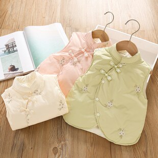 新中式女童轻薄款羽绒服马甲 中国风女宝宝内搭花朵刺绣背心 洋气