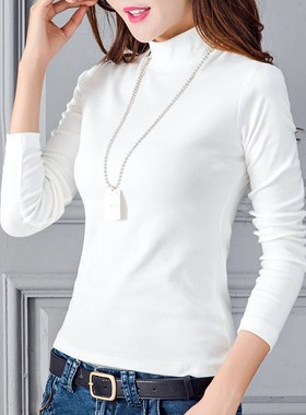 白色黑色中领半高领打底衫女长袖春秋百搭纯棉薄款修身春秋季内搭