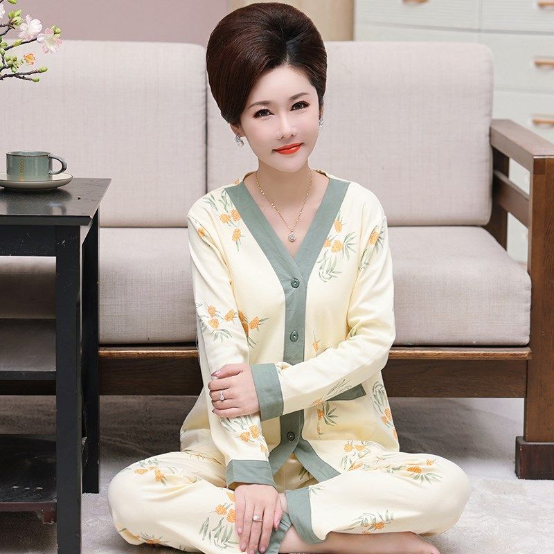 睡衣女春秋季中年人妇女纯棉长袖外穿家居服全棉妈妈韩版两件套装