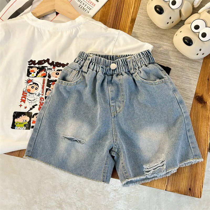 男童裤子薄款夏季2023新款儿童韩版洋派破洞牛仔短裤女宝宝五分裤