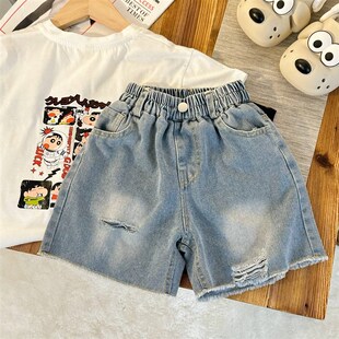 男童裤子薄款夏季2023新款儿童韩版洋派破洞牛仔短裤女宝宝五分裤