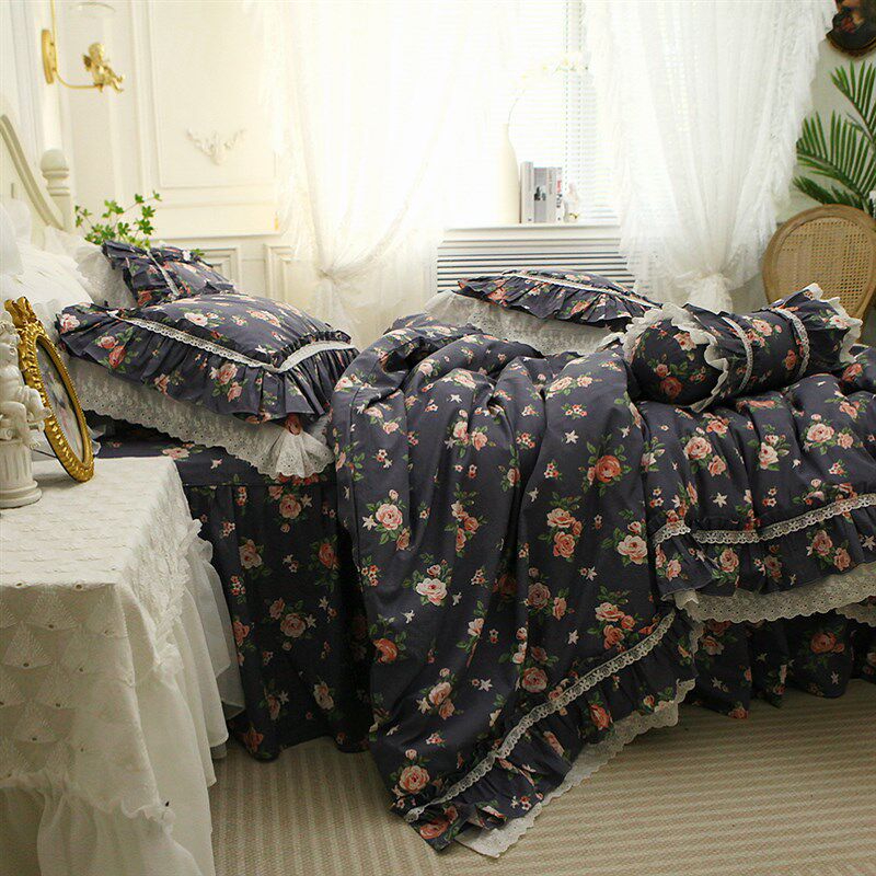 法式韩式复古玫瑰田园q绣花蕾丝纯棉全棉床裙款床上用品被套四件