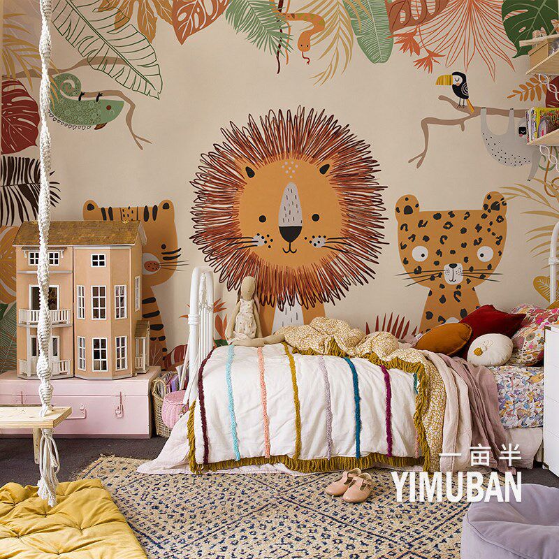手绘动物儿童房背l景墙布壁纸男孩女孩卧室定制壁画幼儿墙画壁布