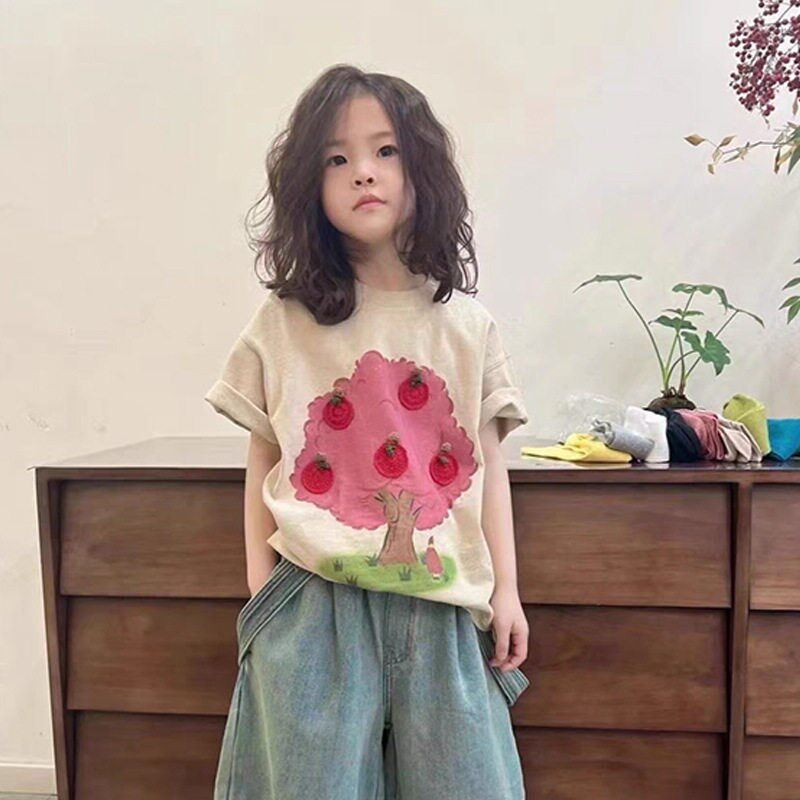 亲子装女童T恤2024年春夏季新款母女洋气卡通树印花短袖上衣百搭