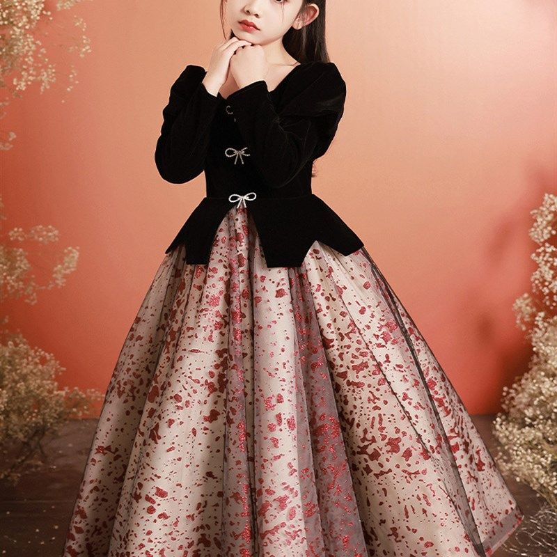 黑色晚礼服女童轻奢小众高端公主裙春季儿童主持人钢琴演奏演出服