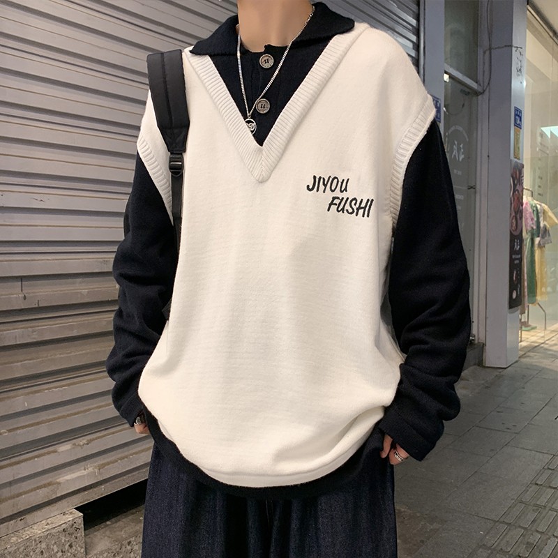 2021秋冬假两件毛衣男衬衫领拼接韩版潮流学生帅气港风宽松针织衫