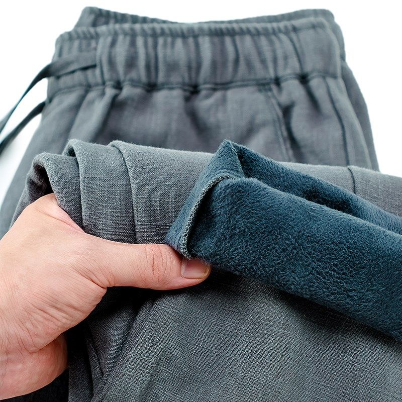 加绒直筒休闲裤男士冬季新款棉麻松紧腰保暖棉裤宽松加厚亚麻裤子
