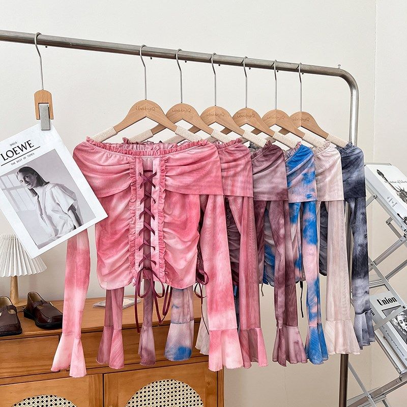 设计感辣妹木耳边晕染露肩一字领交叉绑带褶皱修身显瘦长袖上衣女,女装/女士精品,T恤,淘宝优惠券,粉丝福利购,淘宝优惠卷