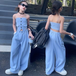 女童夏季套装2024新款设计感牛仔辣妹吊带上衣高腰阔腿裤两件套潮