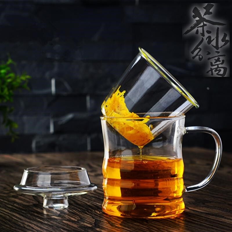 玻璃茶杯带把泡茶大号q玻璃茶杯办公室耐热玻璃泡茶杯带盖透明