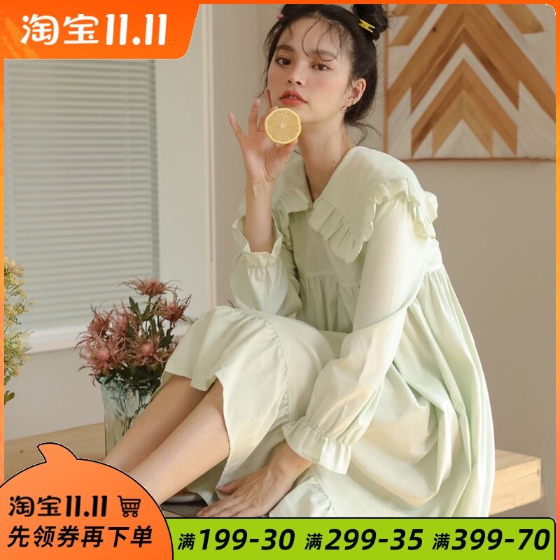 睡衣女春秋季冬季可外穿家居服睡裙长袖可爱纯N棉连衣裙2021年新