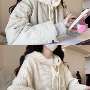 半拉链连帽毛衣女秋冬季新款宽松卫衣软糯针织帽衫外套慵懒风上衣