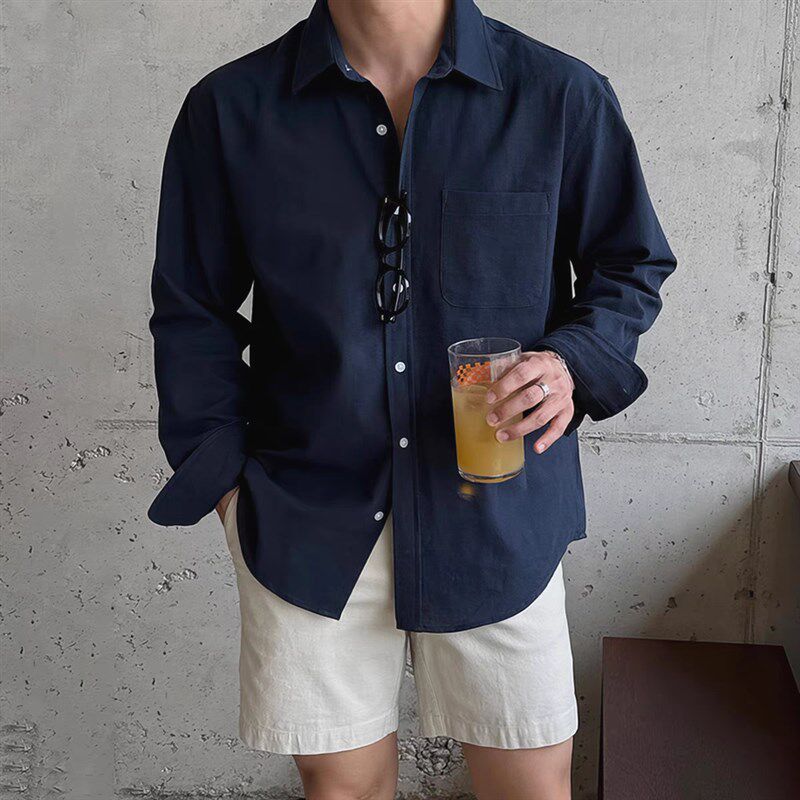 老钱风棉麻工装衬衫男薄款透气宽松长袖防晒开衫口袋亚麻休闲衬衣
