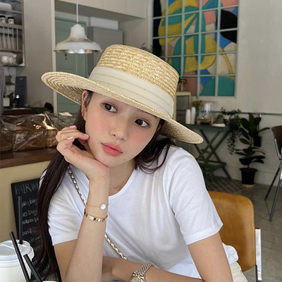 侧面cm平顶巴拿马草帽女新款防晒遮阳草编帽子法式海边沙滩编织帽