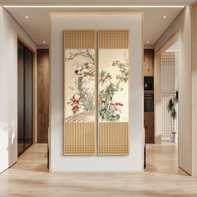 新中式入户c玄关装饰画酒店走廊过道花鸟立体画茶室木雕长条挂画图片