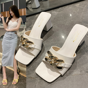 夏季新款百搭时尚外穿粗跟拖鞋女凉拖鞋凉M拖一字拖夏天高跟凉鞋