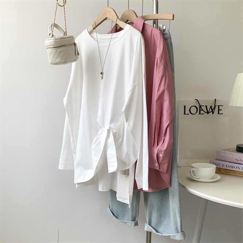 纯棉圆领两侧开叉白色宽松长袖打底衫T恤女慵懒风秋季叠穿舞蹈服