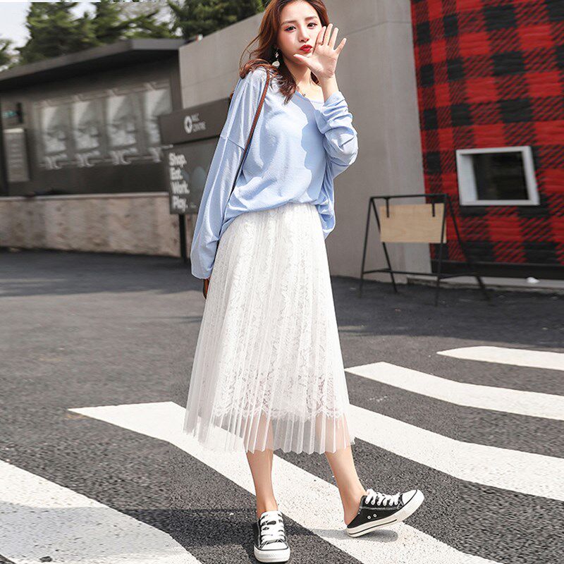 大码纱裙半身裙中长款白色仙女网纱裙秋冬显瘦垂感遮胯蕾丝百褶裙