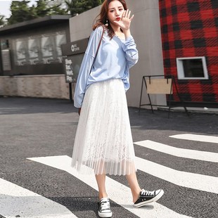 大码纱裙半身裙中长款白色仙女网纱裙秋冬显瘦垂感遮胯蕾丝百褶裙
