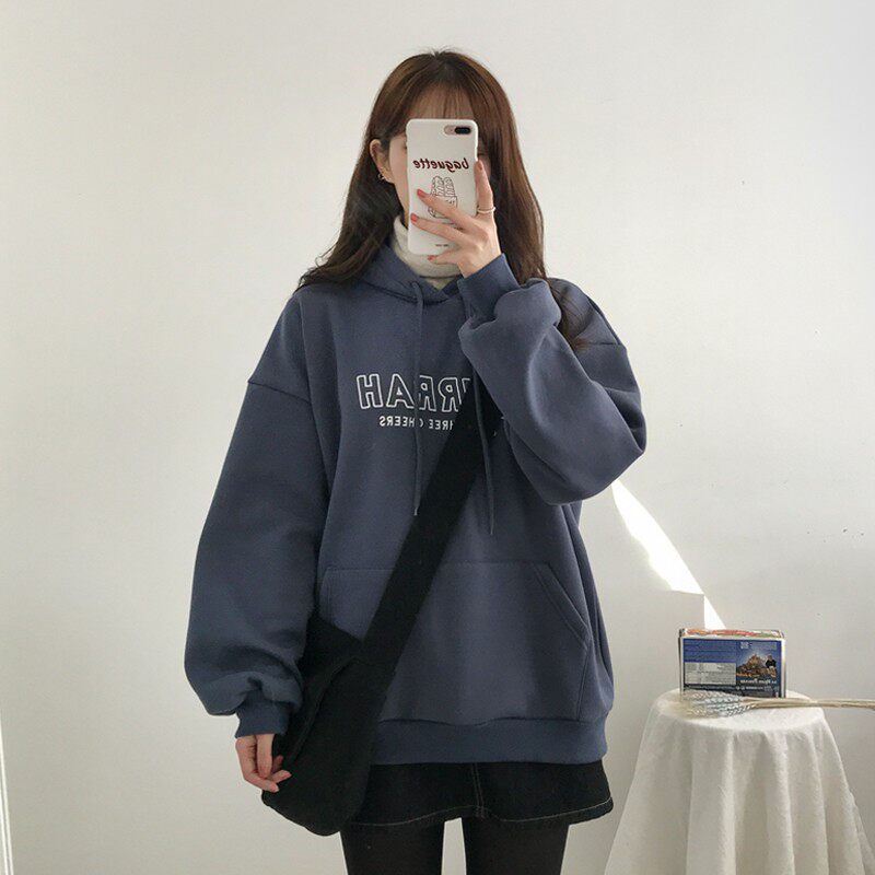 蓝色加绒卫衣女秋冬2021新款套头连帽上衣宽松韩版慵懒风加厚外套