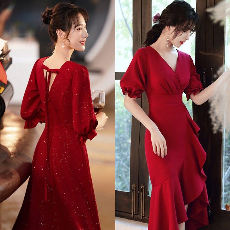 敬酒服新娘小个子酒红色平时可穿夏季订婚连衣裙出阁宴回门礼服女