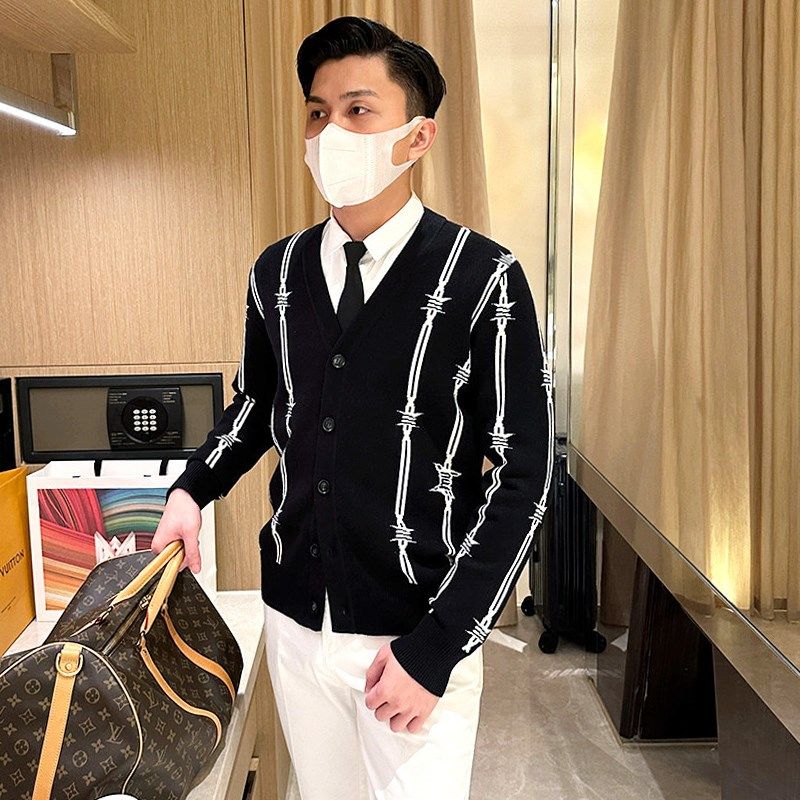 轻熟时尚商务休闲V领开衫男针织衫 提花编织高级黑色毛衣外套男款