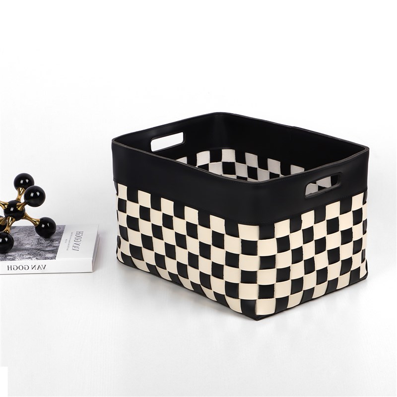 高档黑白棋盘格皮革收纳筐脏衣篓家居衣帽间大厅卧室编织收纳篮