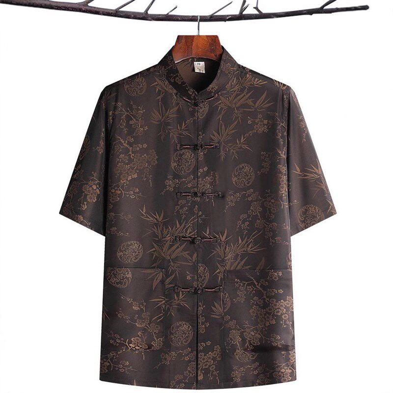 中国风唐装汉服男冰丝短袖爸爸夏装两件套装中老年人爷爷覆古