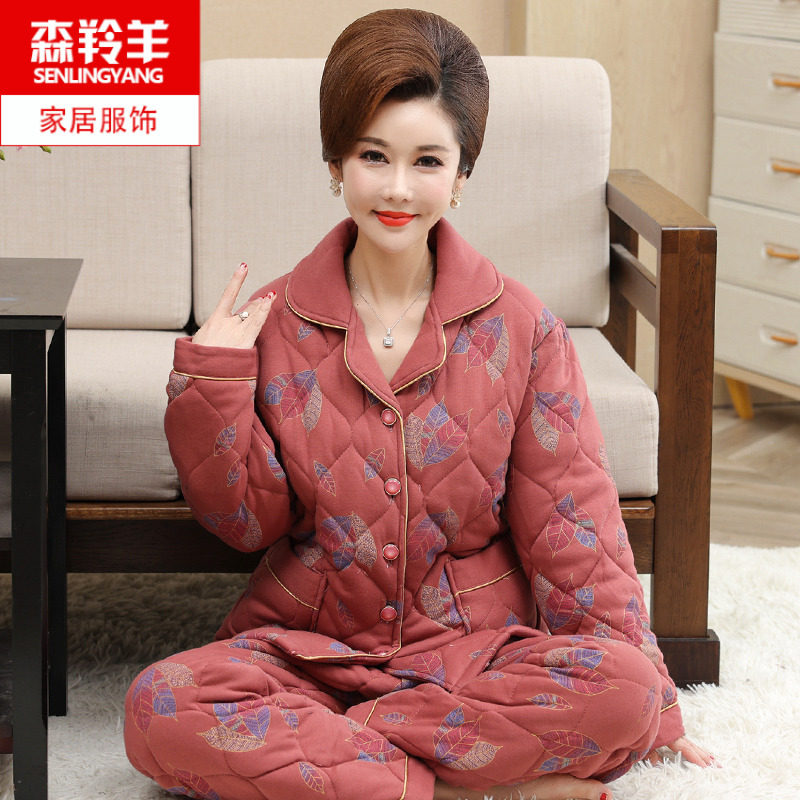 冬季睡衣女纯f棉三层加厚夹棉中老年全棉中年人妈妈冬天家居服套