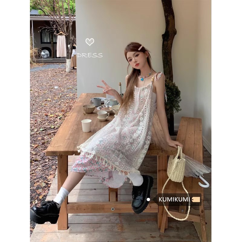小个子海边度假风吊带裙女早春设计感拼接碎花裙甜美连衣裙长裙子