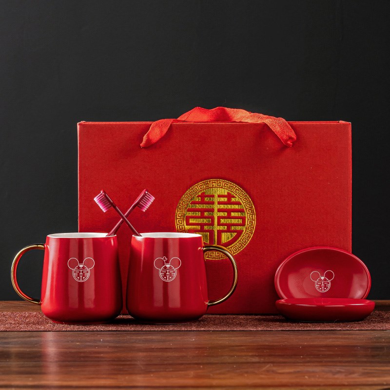 结婚皂碟洗漱杯套装牙刷s杯陪嫁情侣新婚用红色陶瓷漱口杯牙杯一