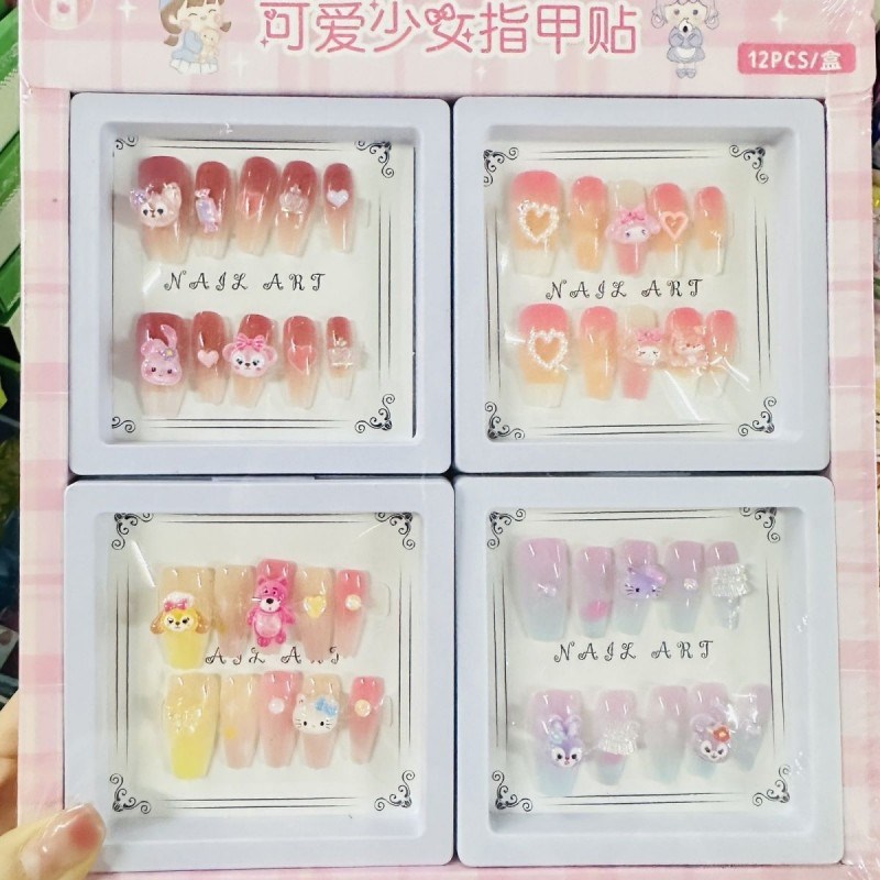 整盒12套可爱少女指甲贴儿童女孩长款穿戴甲指甲装饰精品礼物文具