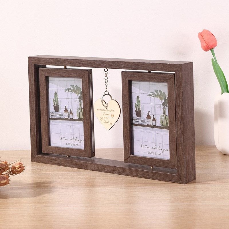 棕色双面可旋转相框摆台带爱心木片6寸两联创意宠物纪念木制相架,家居饰品,相框/画框,淘宝优惠券,粉丝福利购,淘宝优惠卷