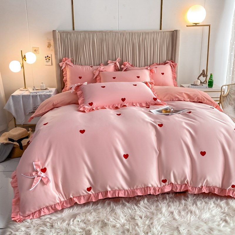 Q683少女公主爱心刺绣婚庆四件套大红色床单被套结婚床上