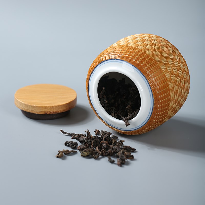 轻奢纯手工竹编竹丝茶叶罐密封罐陶瓷小号便携茶筒锡罐茶仓储茶罐