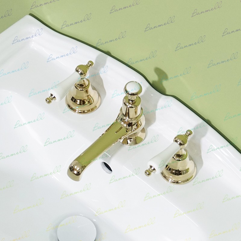 过WS 出口英国原单 NP嘴 陶瓷双开关把手 三孔金色复古面盆水龙头