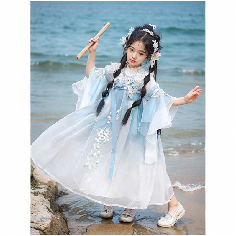高档汉服女童古风裙立体胸花洋气公主儿童夏款大袖衫连衣裙旅拍
