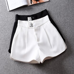 显腿长小个子西装短裤女夏季松紧腰2023网红爆款高腰阔腿白色裤子
