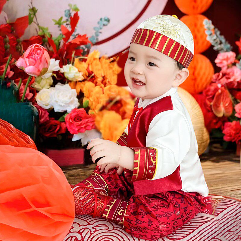 一周岁礼服男宝宝新中式唐装春秋红色男童婴儿百日抓周宴国风冠衣