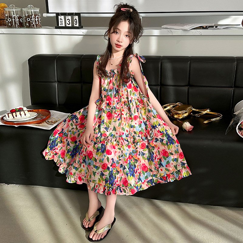 女童夏季连衣裙2025新款儿童洋气吊带公主裙大童夏装碎花纯棉裙子