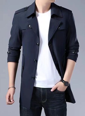 男士风衣秋冬季休闲时尚大码外套修身夹克青年军绿色上衣2024新款