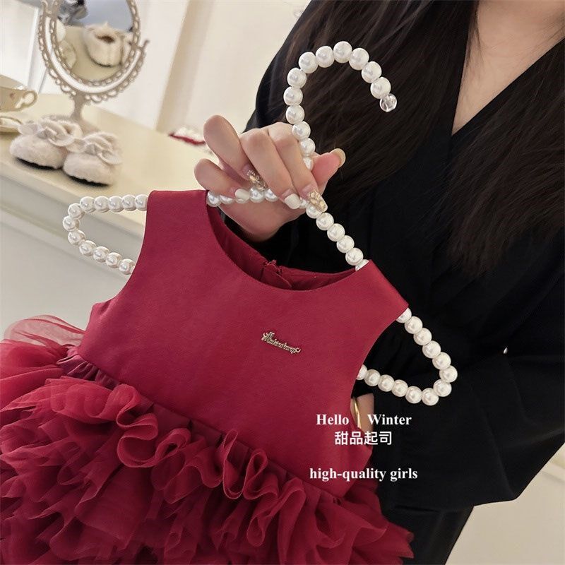 韩国宝宝周岁礼服裙百日女童抓周红色背心连衣裙生日春秋装公主棉