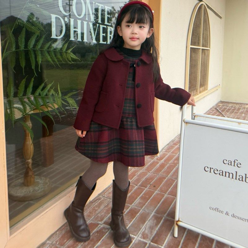 女童毛呢外套羊毛大衣双面羊绒呢子背心连衣裙套装宝宝拜年服童装