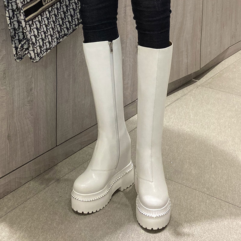 松糕厚底马丁靴女12cm超高跟内增高长筒靴真皮小个子不过膝高筒靴